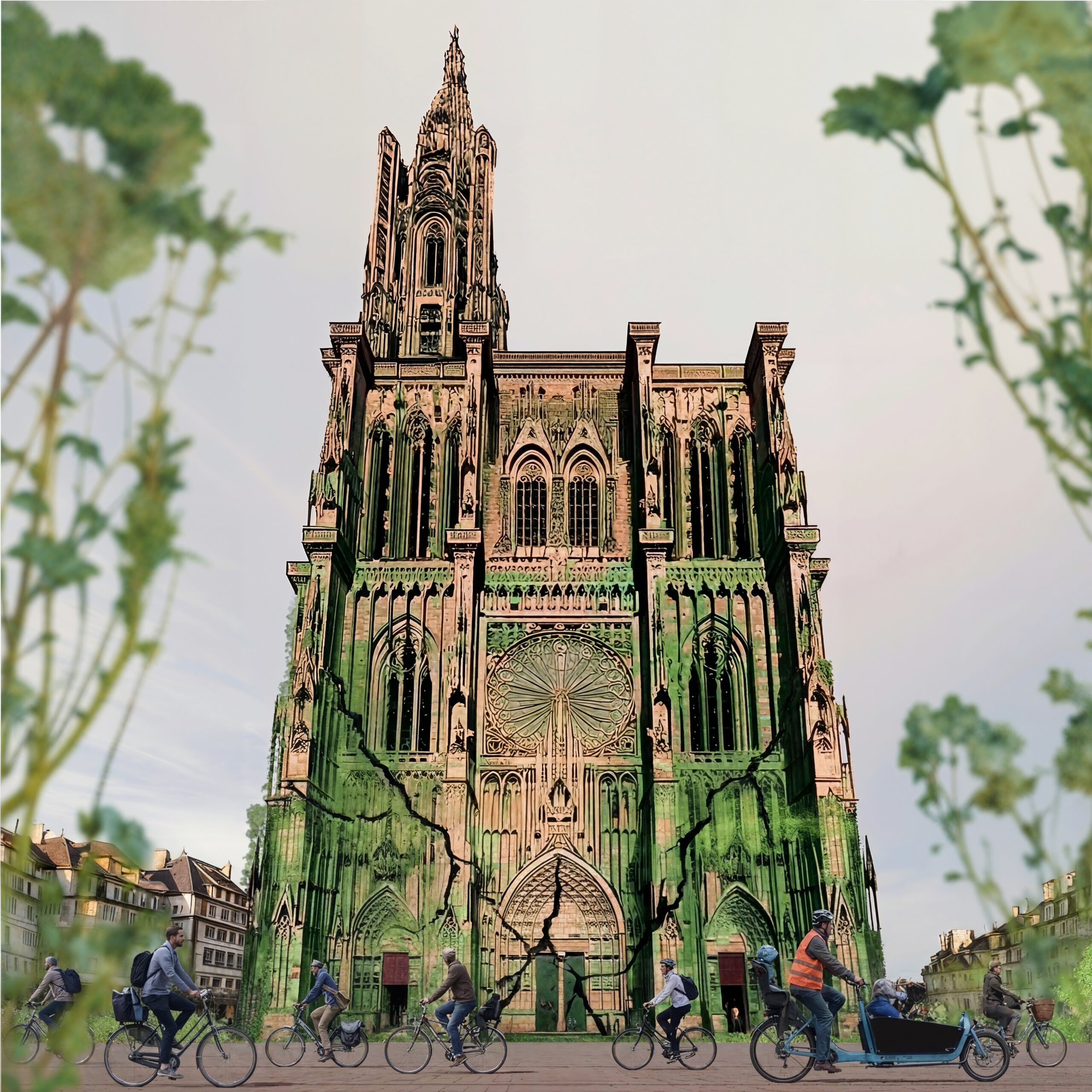 Façade d'une cathédrale gothique couverte de végétation avec des cyclistes circulant à sa base.