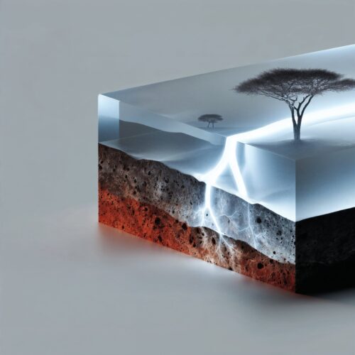 Bloc en résine transparent montrant une coupe géologique de savane avec un arbre en surface.