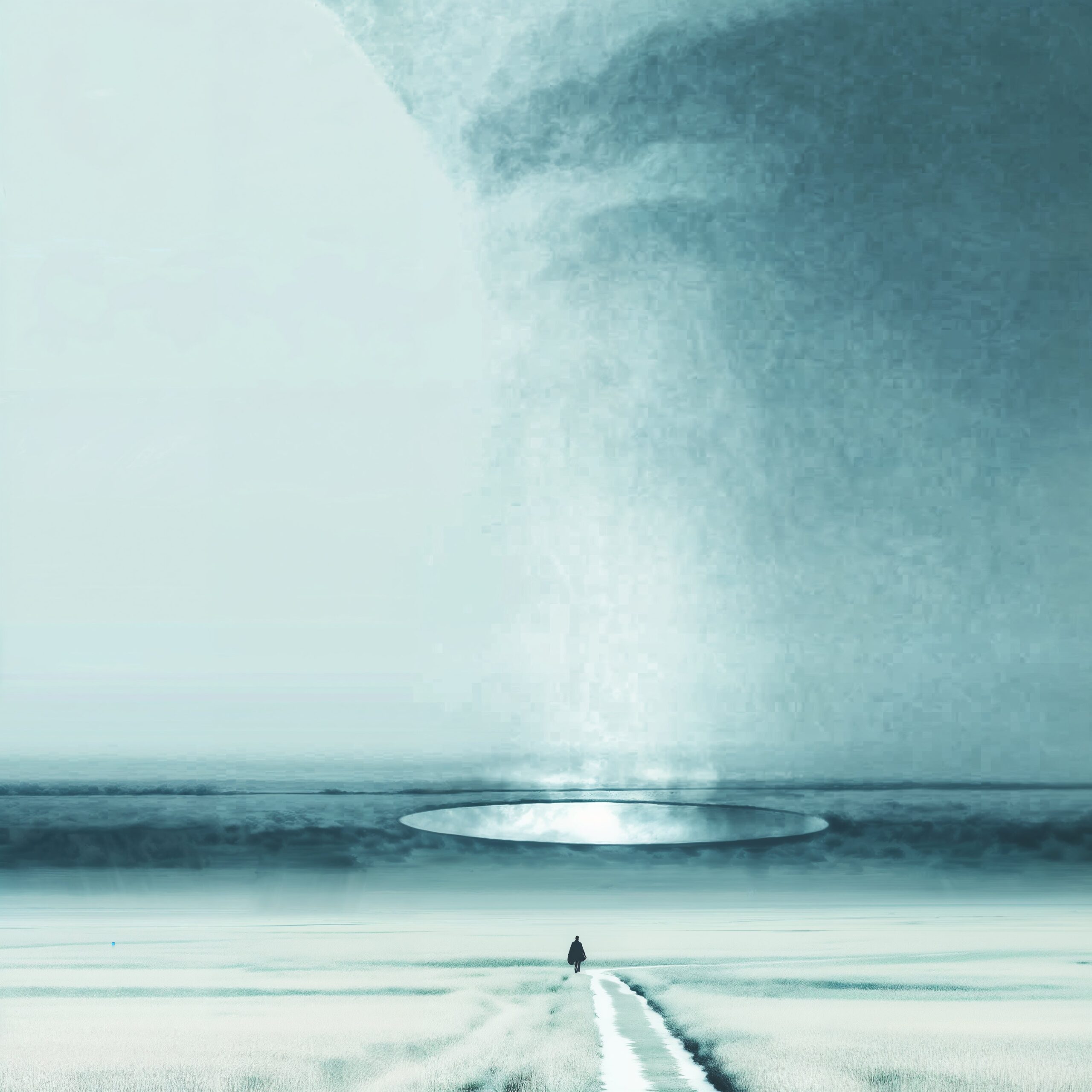 Silhouette d'une personne face à un vortex lumineux géant émanant d'un portail à l'horizon dans un paysage désertique.