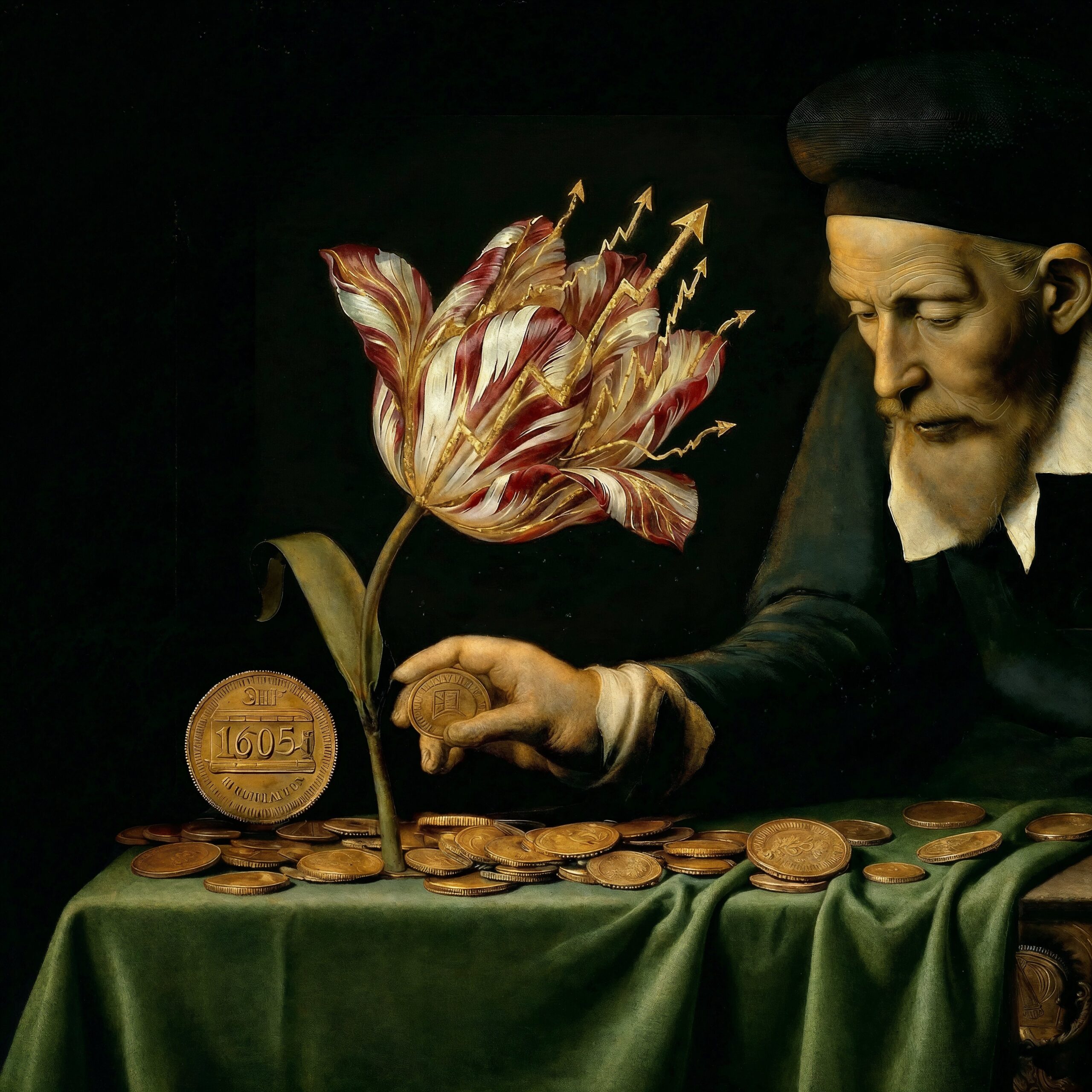 Peinture classique d'un vieil homme observant une tulipe rayée qui pousse au milieu de pièces de monnaie.