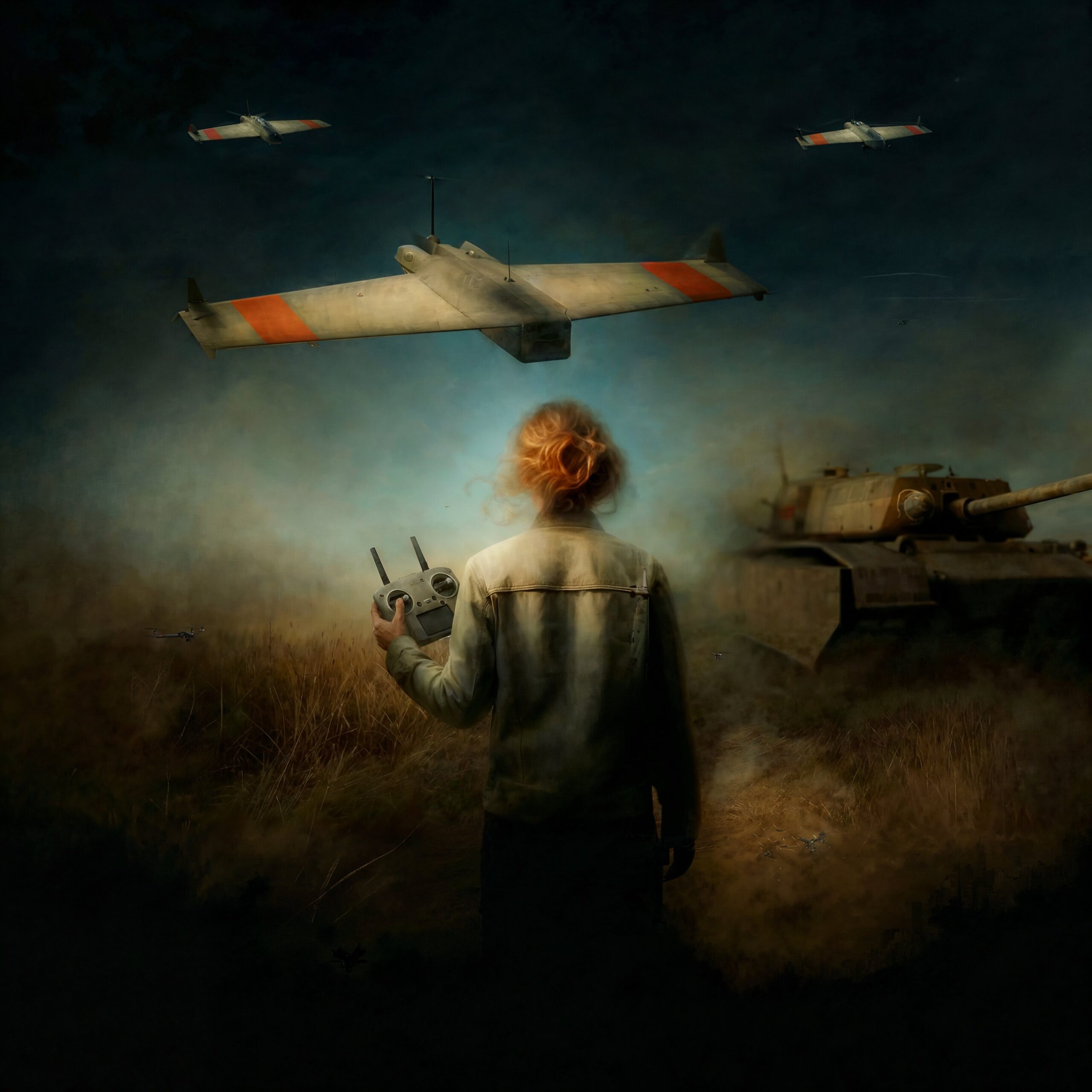 Céleste utilise une télécommande pour piloter un drone dans un environnement militaire obscur.