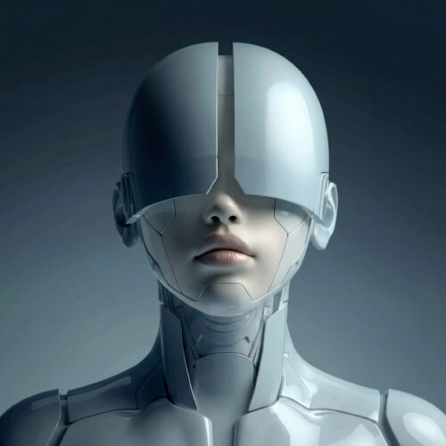 Portrait d'un androïde humanoïde au casque blanc recouvrant les yeux.