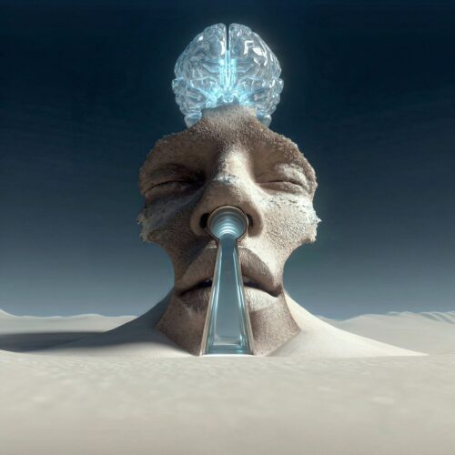 Représentation surréaliste d'une tête humaine émergeant du sable, surmontée d'un cerveau lumineux et percée d'un trou de serrure.