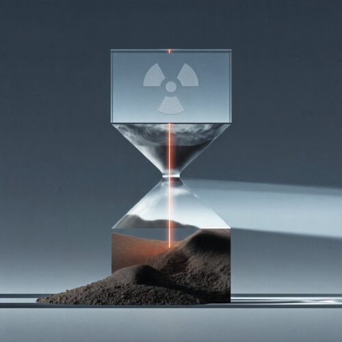 Sablier en verre gravé d'un symbole de radioactivité traversé par un faisceau lumineux rouge.