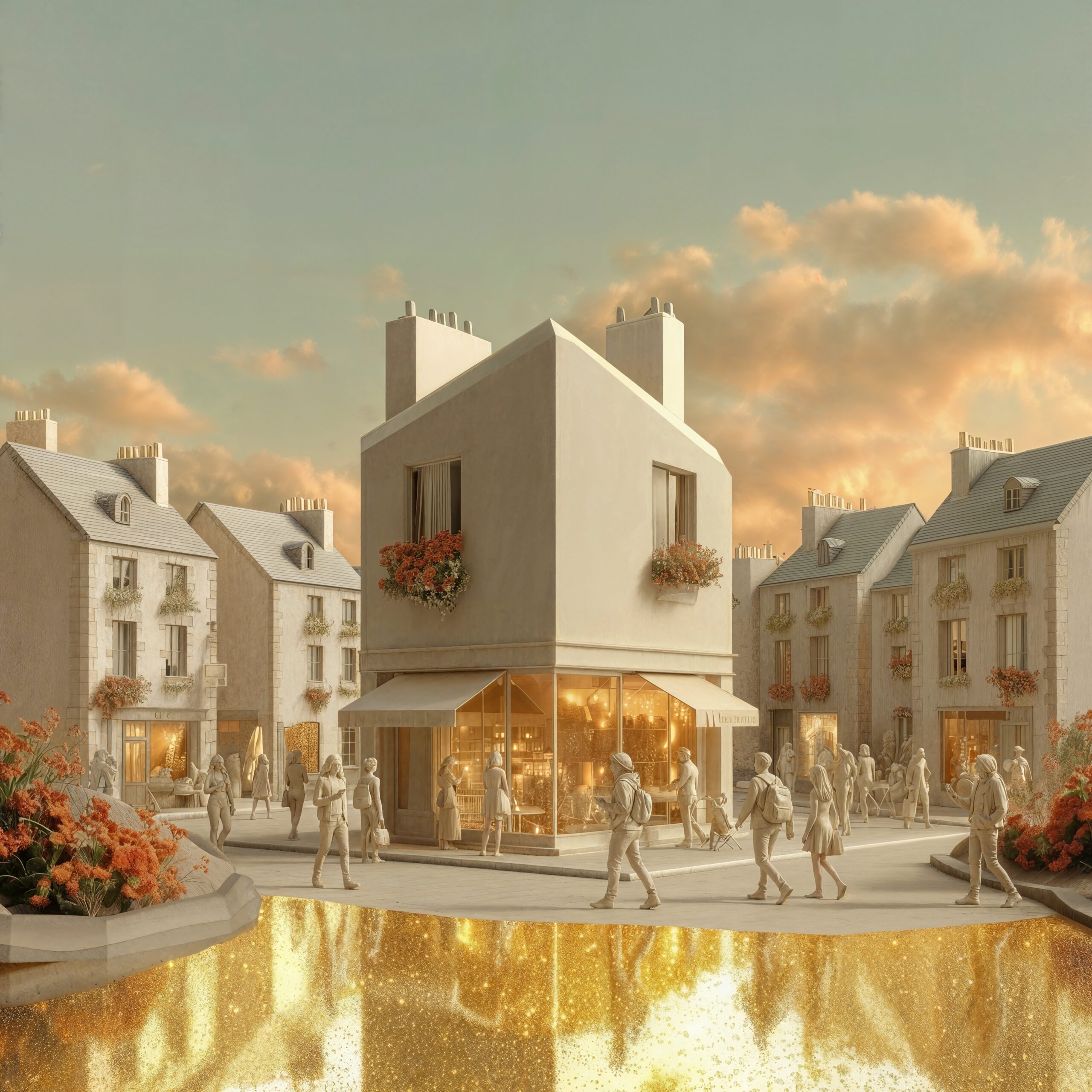 Maquette architecturale d'un village pittoresque avec un commerce éclairé au centre et des silhouettes de passants.
