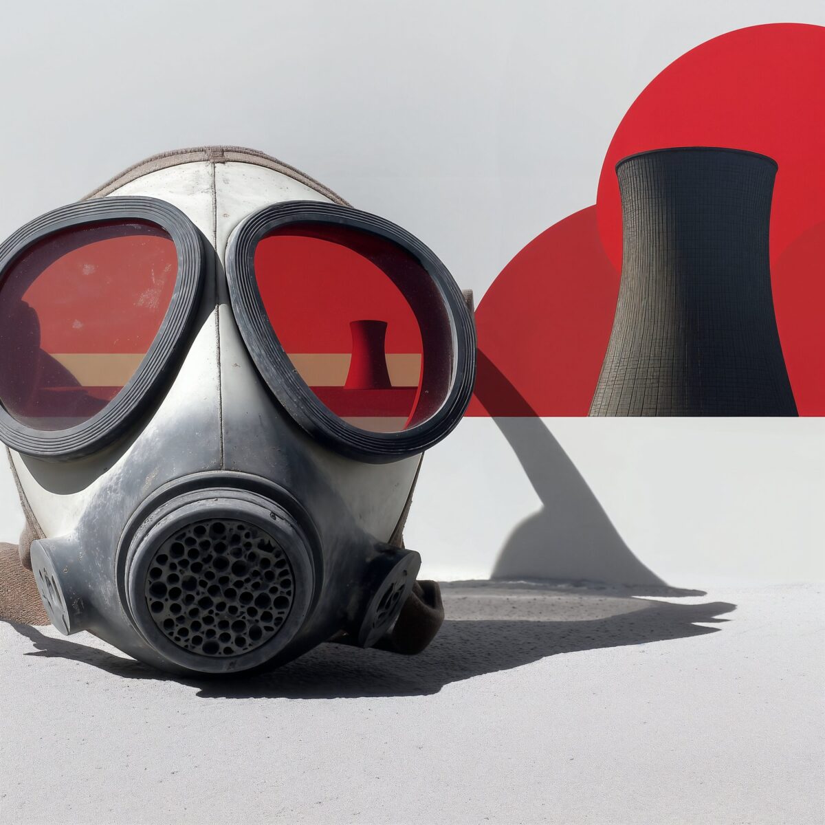 Masque à gaz posé au premier plan reflétant une tour de refroidissement dans ses verres rouges.