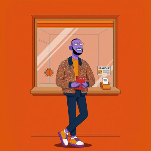 Illustration d'un homme à la peau violette tenant un passeport rouge devant un guichet.
