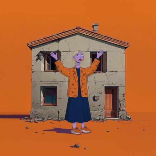 Personnage aux bras levés devant une maison en ruine sur fond orange.