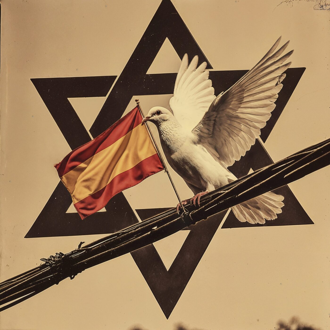 Une colombe blanche tenant le drapeau espagnol, posée sur des câbles devant une grande étoile de David.
