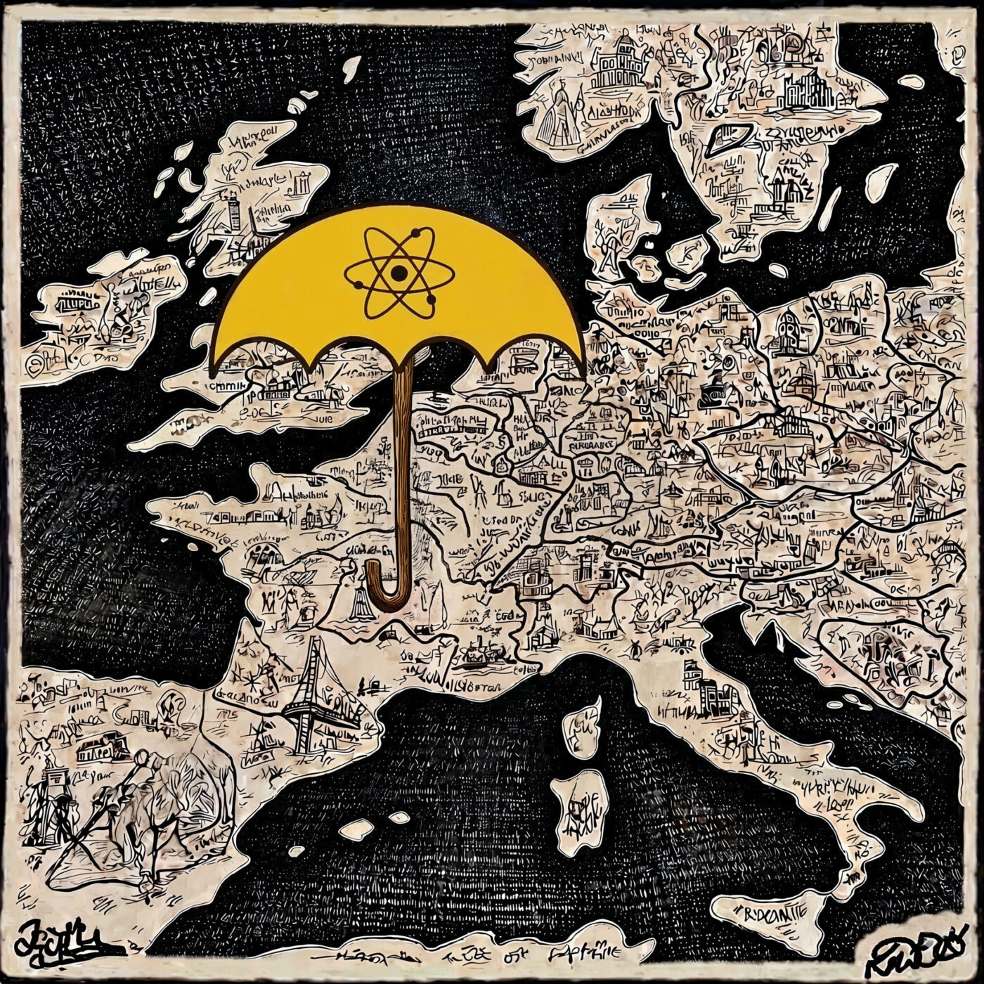 Carte illustrée de l'Europe surmontée d'un parapluie jaune arborant un symbole atomique.