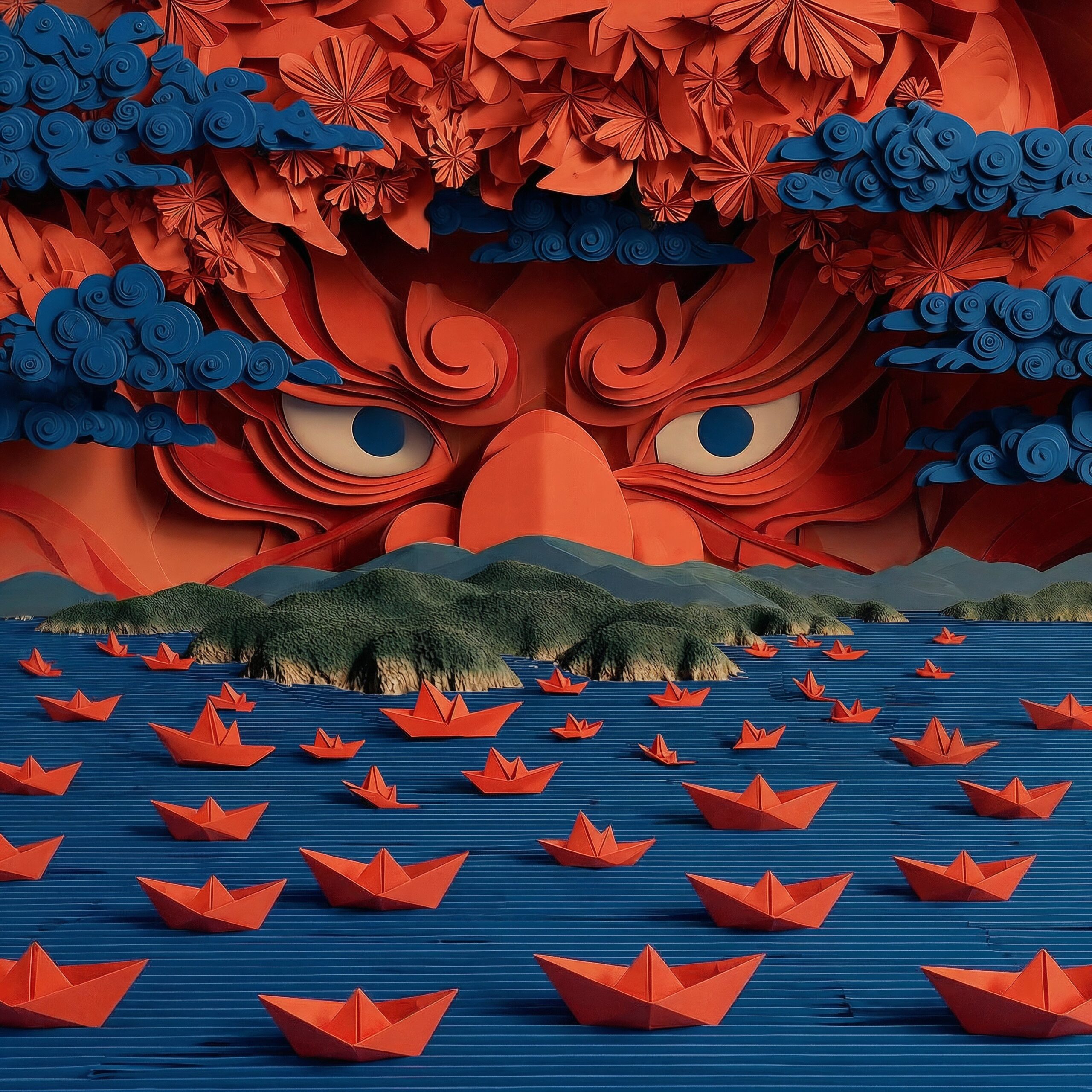 Illustration en papier découpé d'un visage géant rouge surplombant une mer de bateaux en origami.