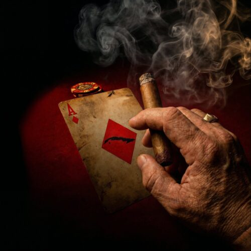 Main d'un homme tenant un cigare allumé à côté d'un as de carreau vieilli.