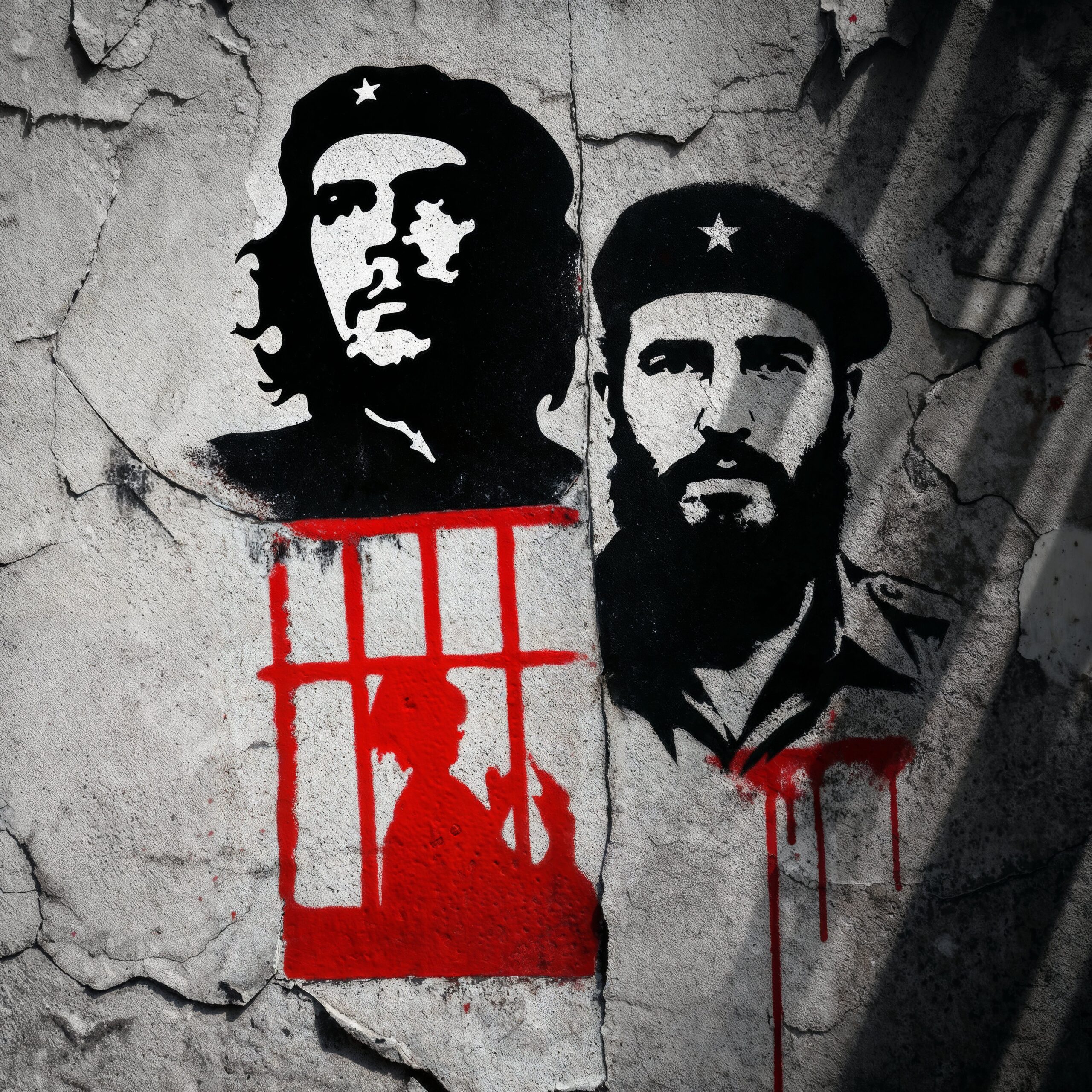 Pochoir mural représentant Che Guevara, Fidel Castro et une silhouette rouge derrière des barreaux.