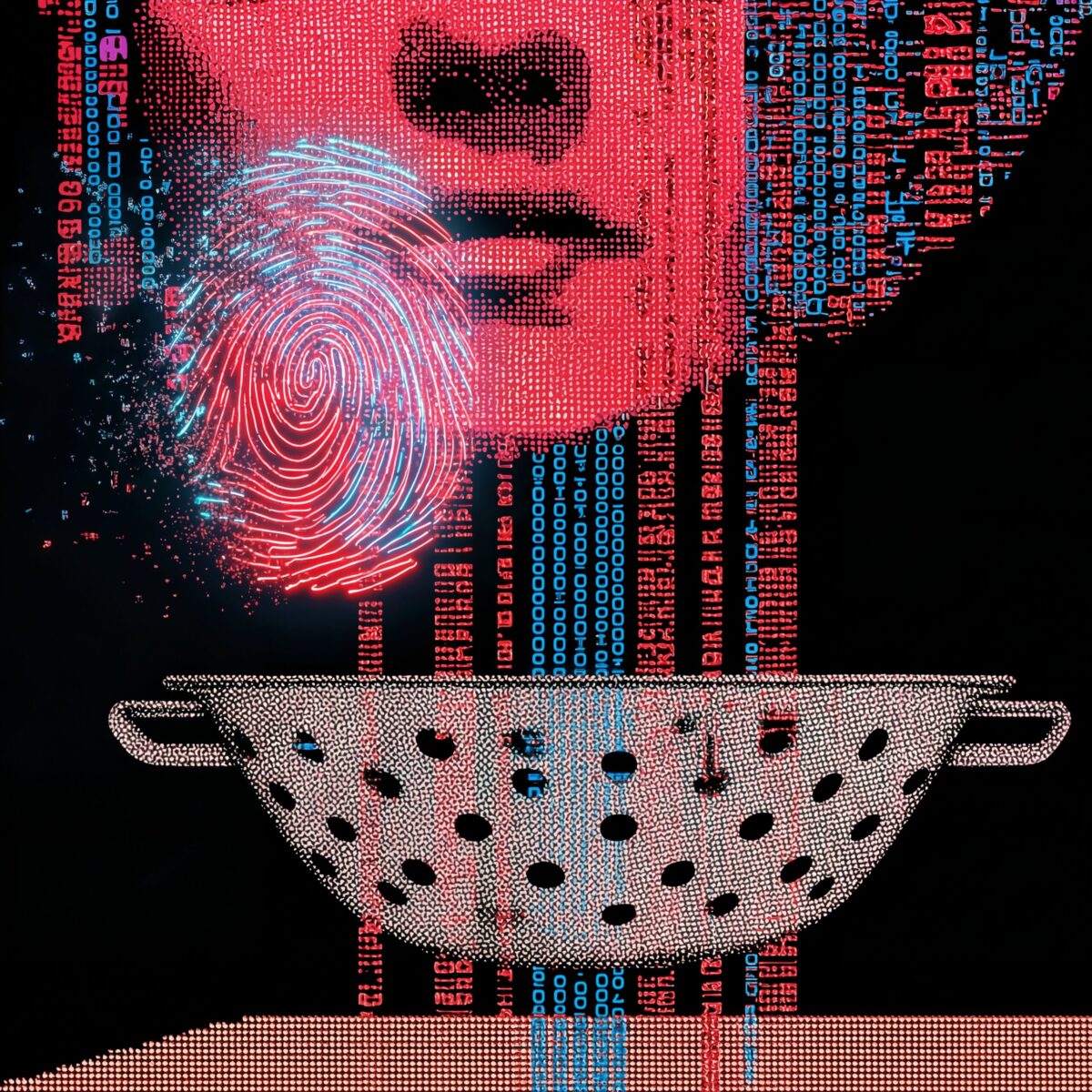 Illustration surréaliste du visage de Céleste avec une empreinte digitale et des flux de données s'évacuant dans une passoire.