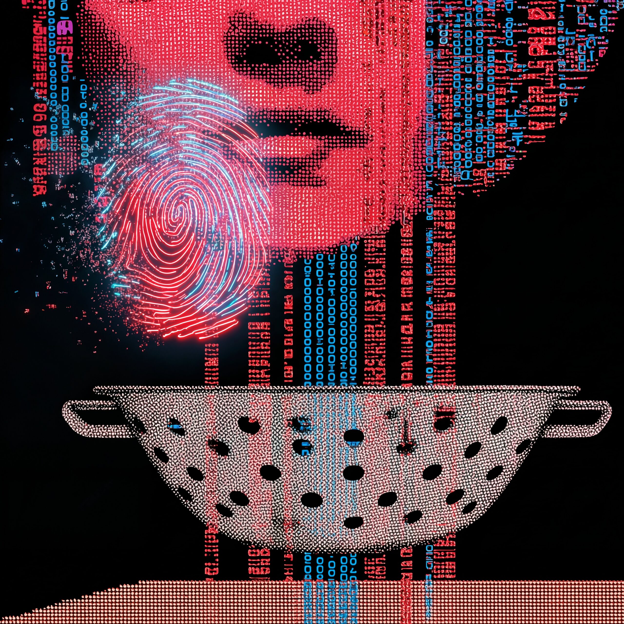 Illustration surréaliste du visage de Céleste avec une empreinte digitale et des flux de données s'évacuant dans une passoire.