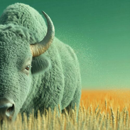 Gros plan sur un bison verdâtre se tenant dans un champ de blé doré.