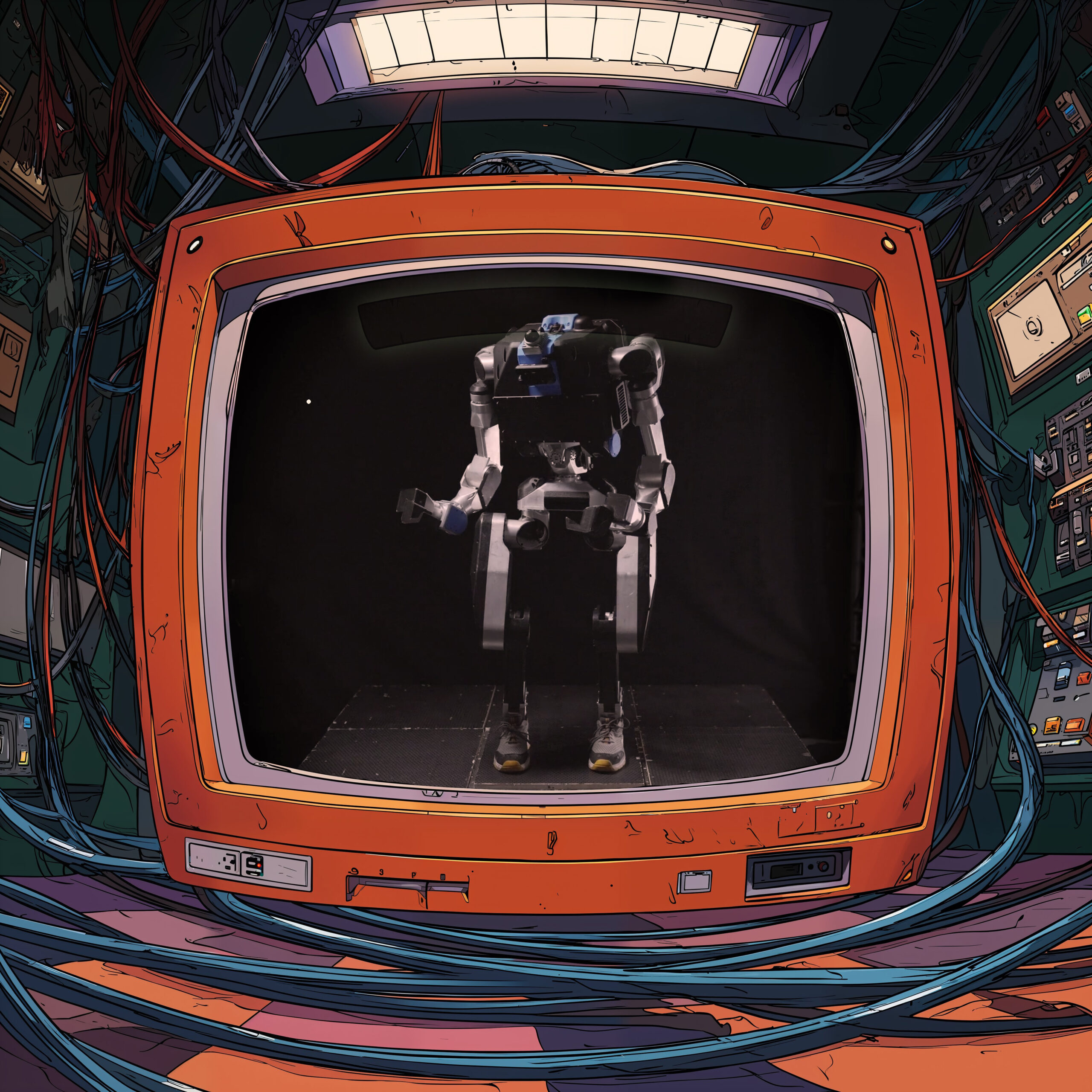 Un robot bipède affiché sur l'écran d'un moniteur de télévision vintage orange entouré de câbles.