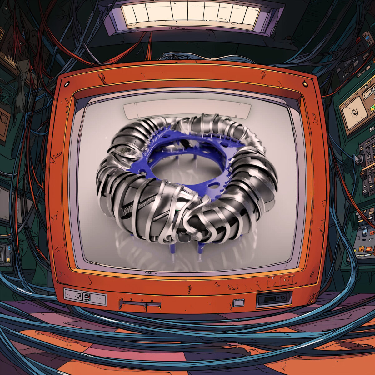 Un mécanisme métallique torique complexe affiché sur l'écran d'un téléviseur rétro-futuriste.