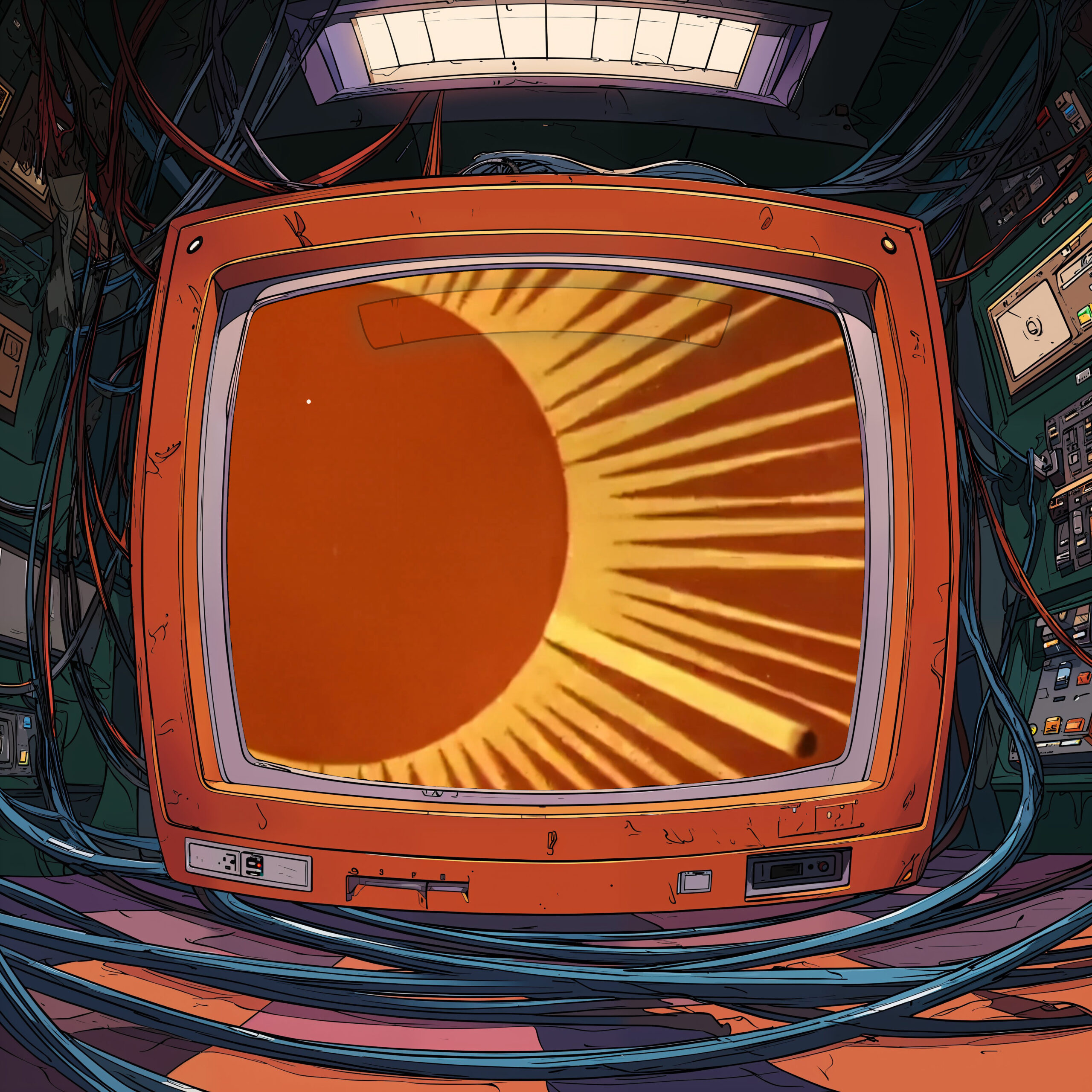 Écran de télévision rétro affichant une éclipse solaire au milieu de câbles informatiques.