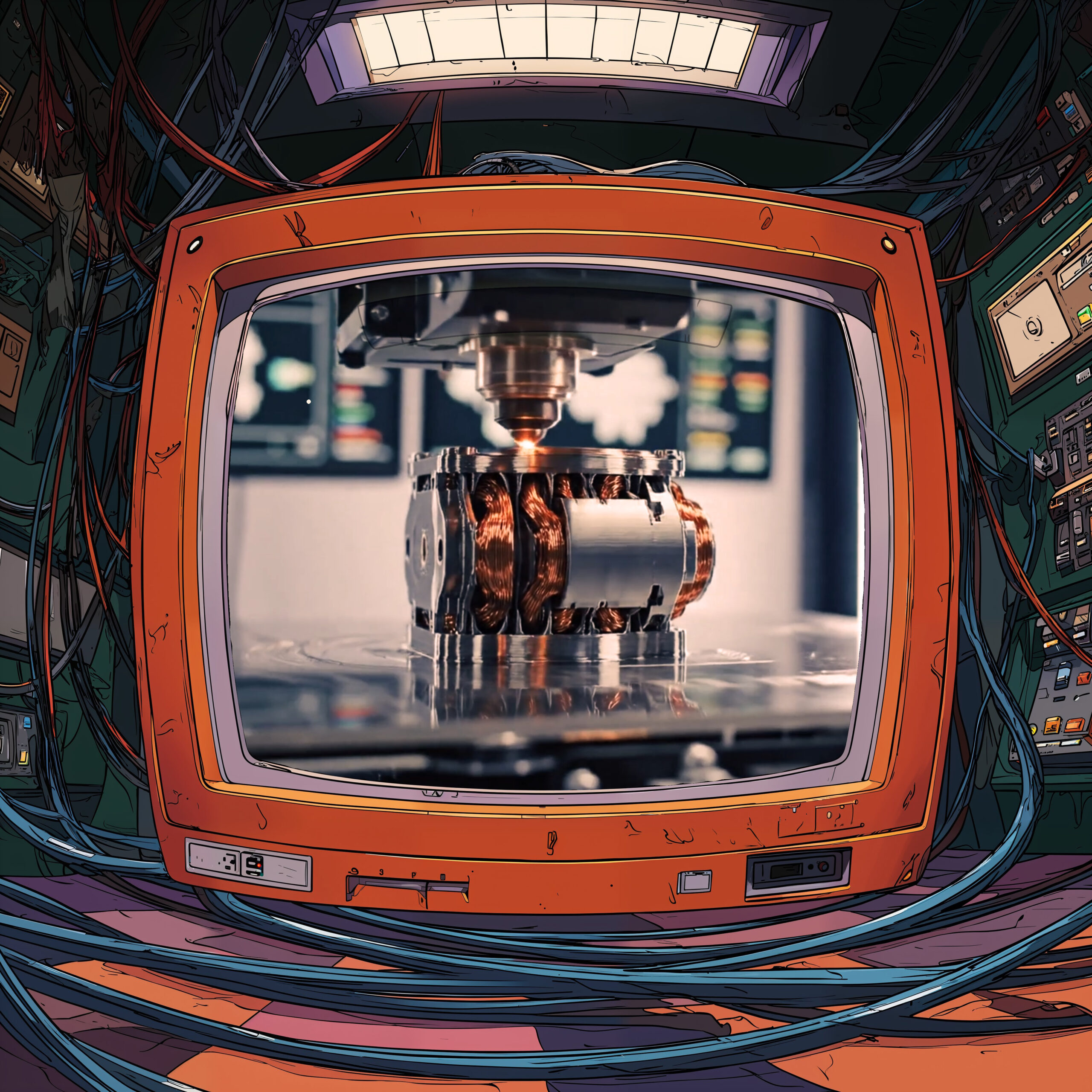 Un moniteur de télévision rétrofuturiste orange affichant un composant mécanique complexe entouré de câbles.