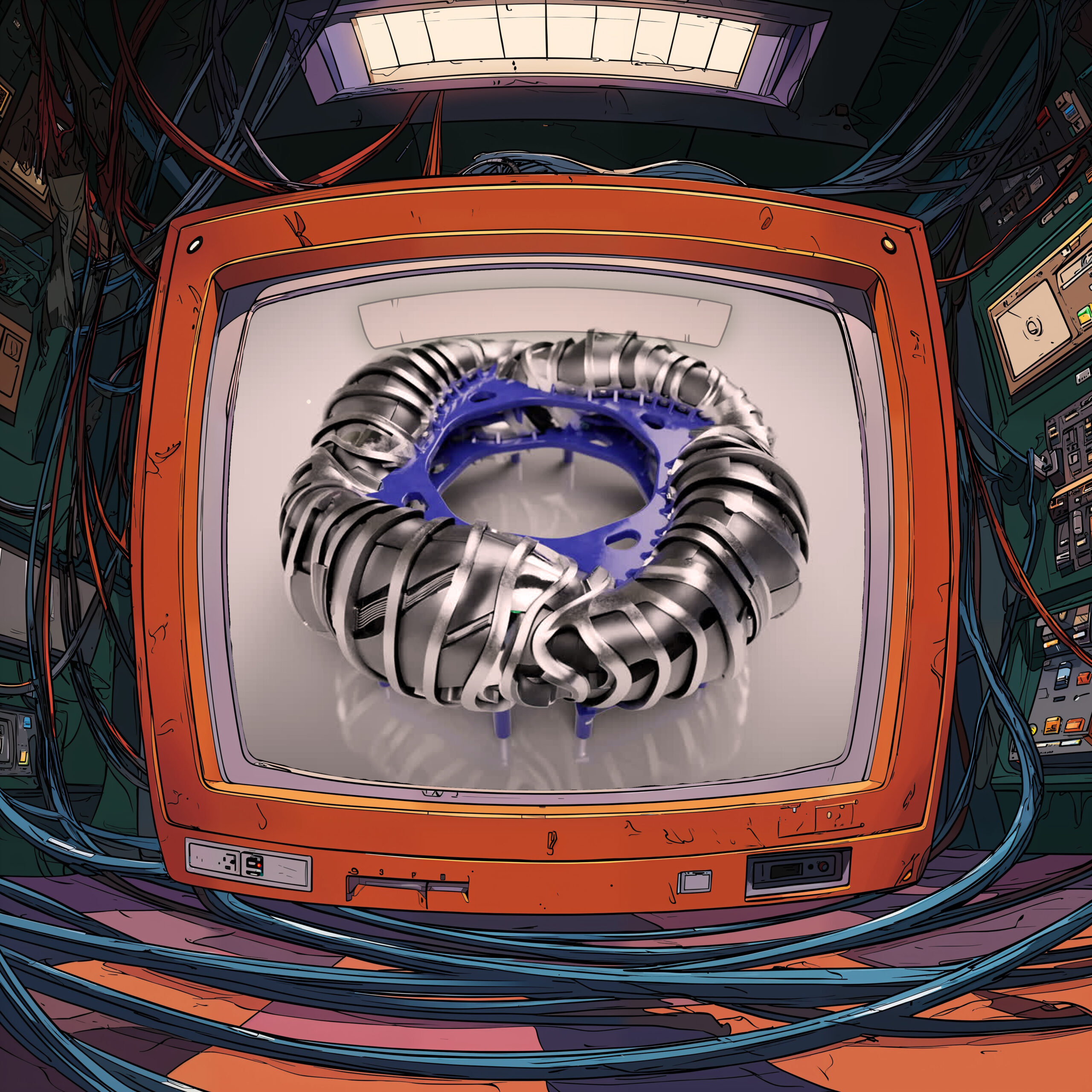 Un mécanisme métallique torique complexe affiché sur l'écran d'un téléviseur rétro-futuriste.