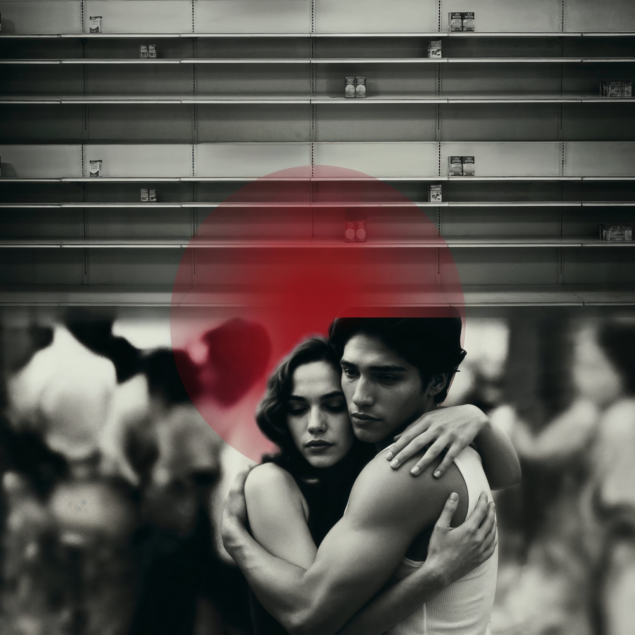 Un homme et une femme s'enlacent tendrement devant un grand cercle rouge sur fond noir et blanc.