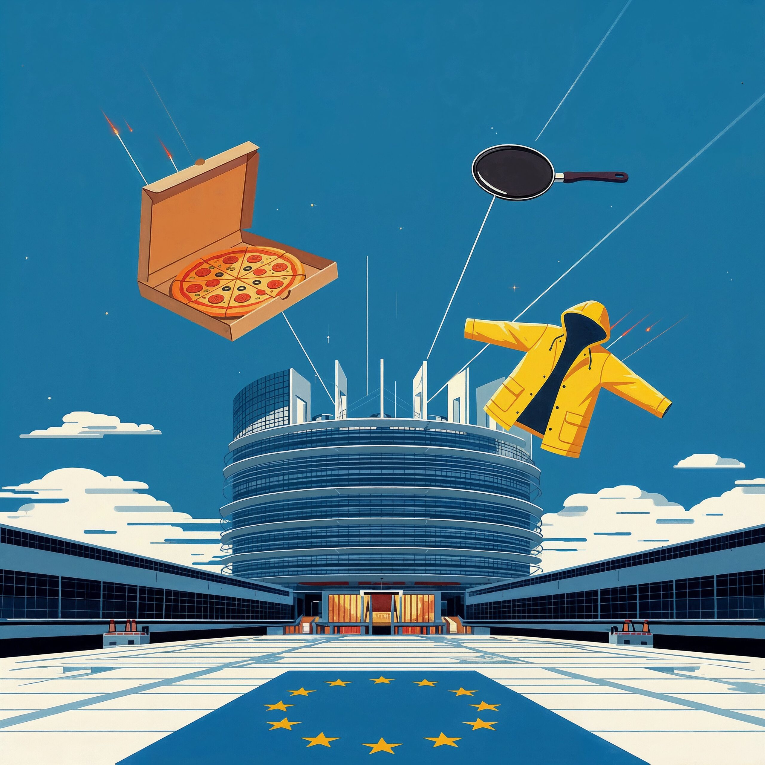 Illustration du Parlement européen avec une boîte de pizza, une poêle et un ciré jaune flottant dans le ciel.