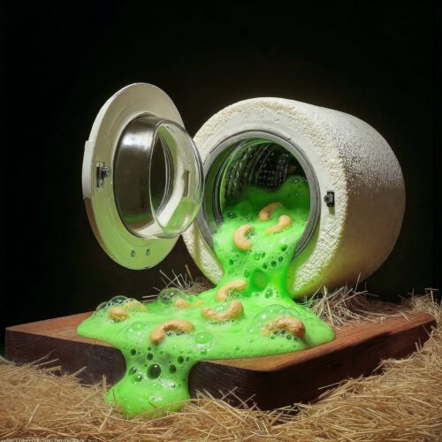 Du liquide vert visqueux avec des céréales s'écoule d'une porte de machine à laver miniature.