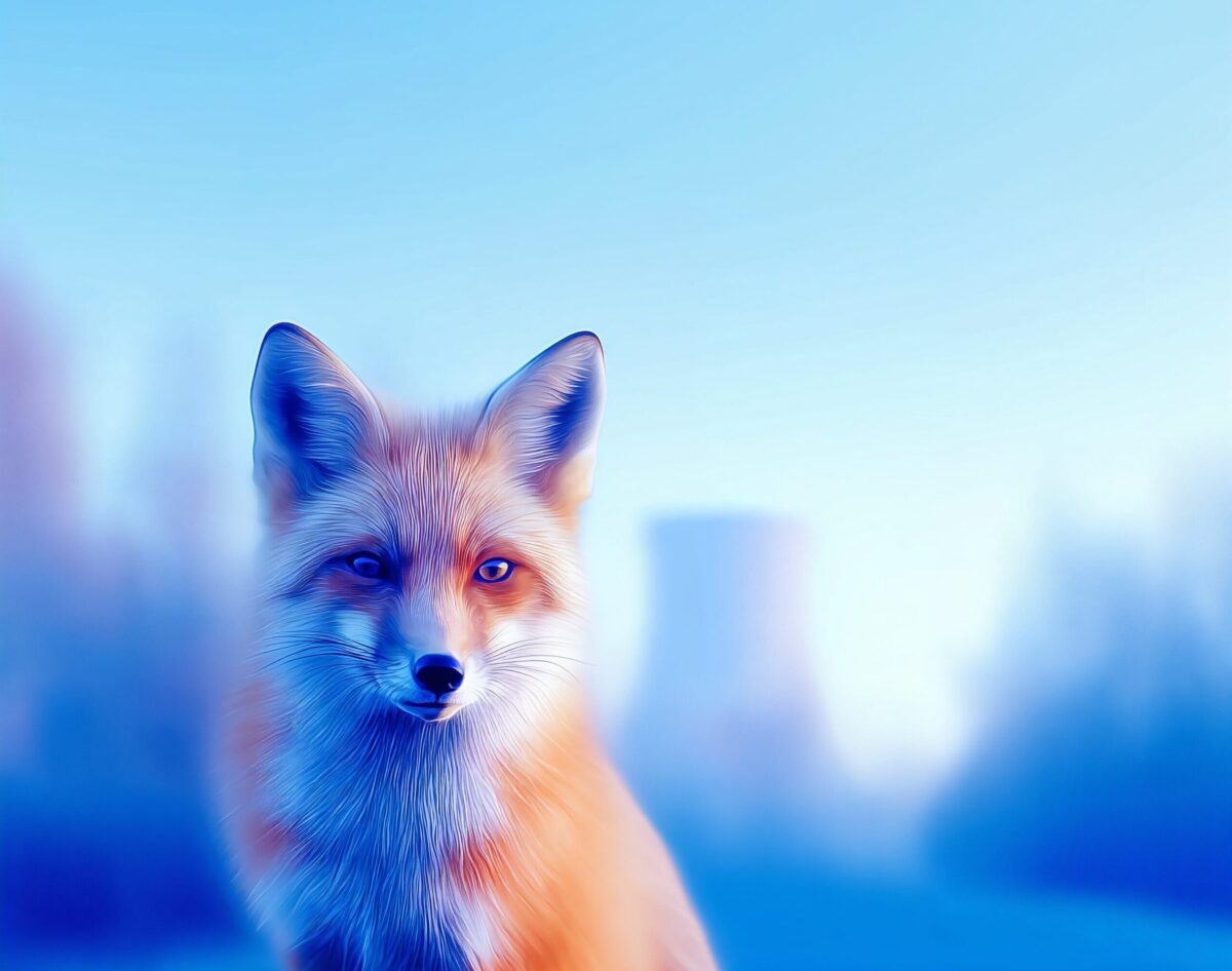 Portrait d'un renard roux dans une ambiance brumeuse aux teintes bleutées