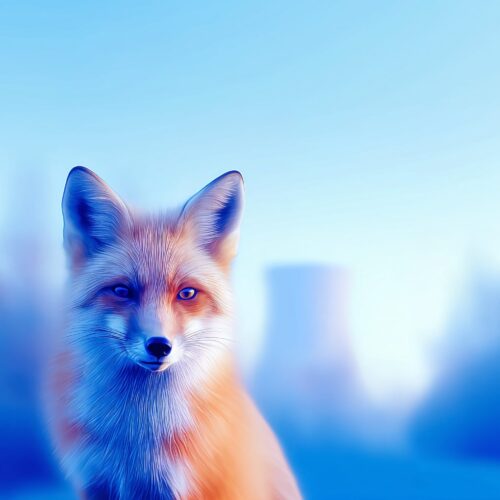 Portrait d'un renard roux dans une ambiance brumeuse aux teintes bleutées