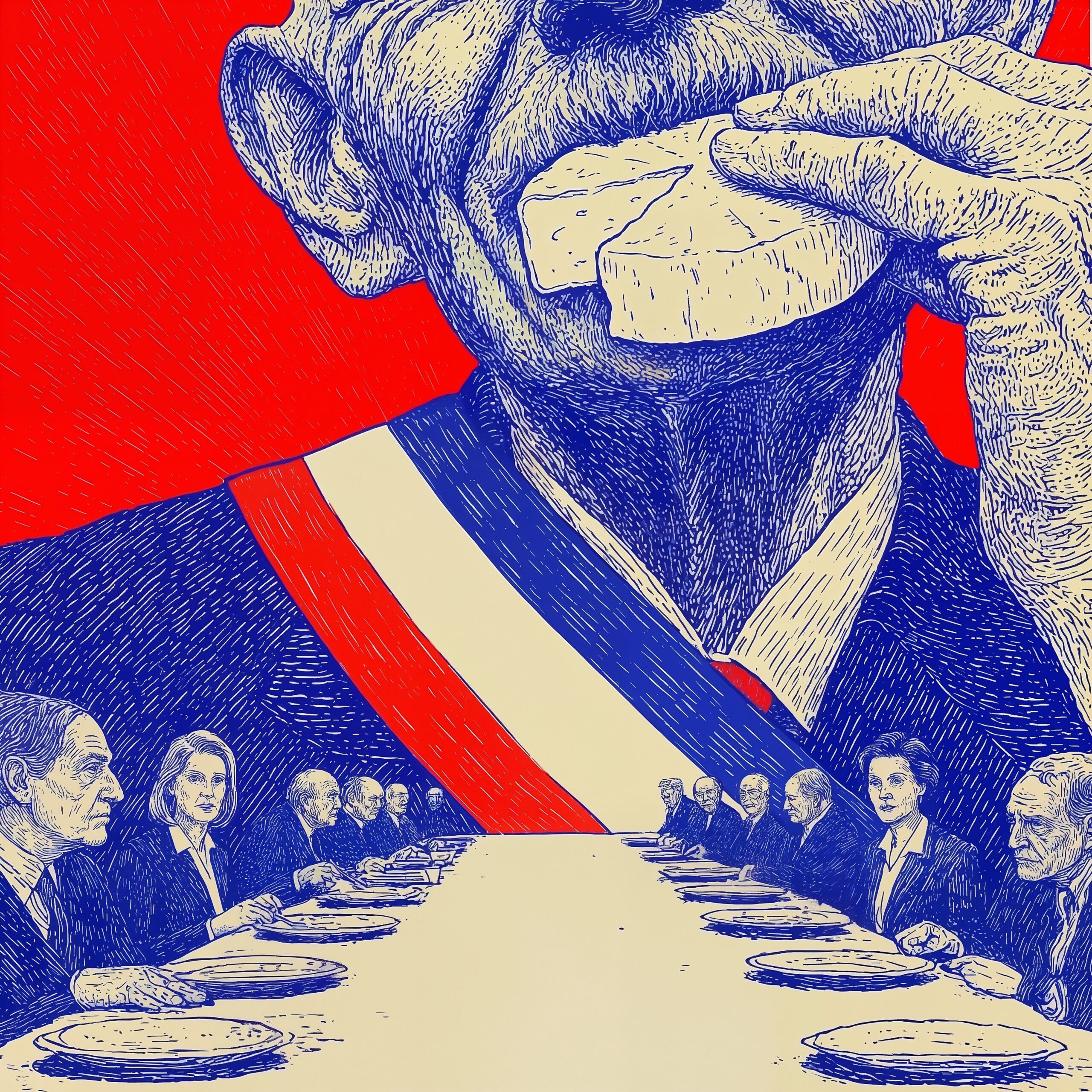 Illustration satirique d'un homme politique en écharpe tricolore mangeant une grande part d'un gâteau au-dessus d'une table d'élus.