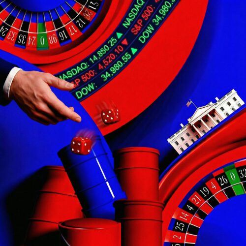 Composition conceptuelle illustrant la bourse, la politique américaine, le pétrole et des jeux de hasard.