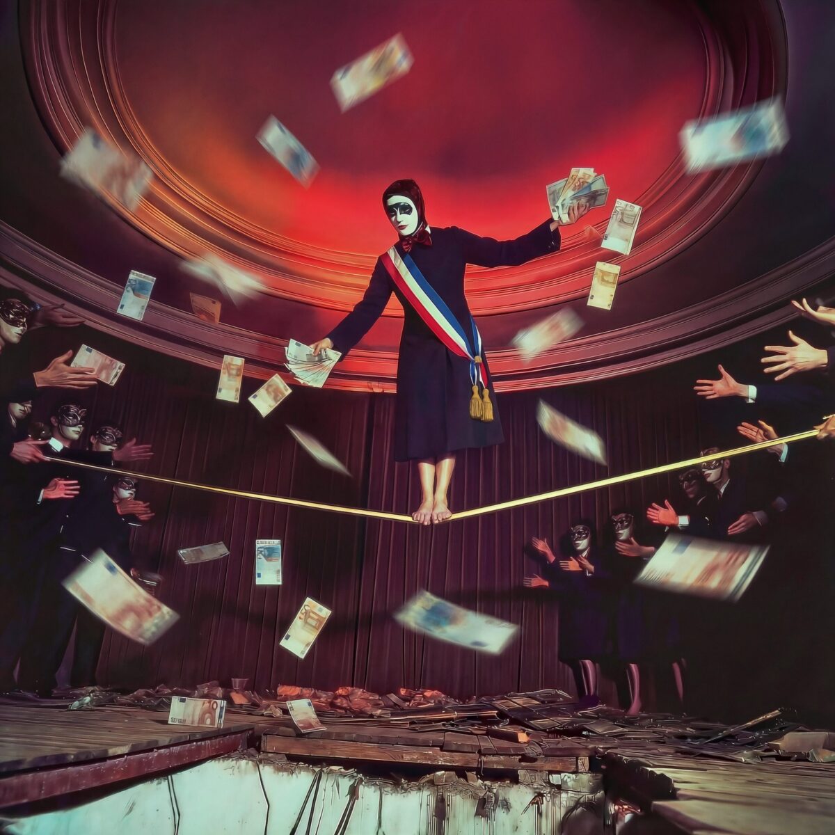 Un mime portant une écharpe tricolore marche sur un fil tendu sous une pluie de billets de banque.