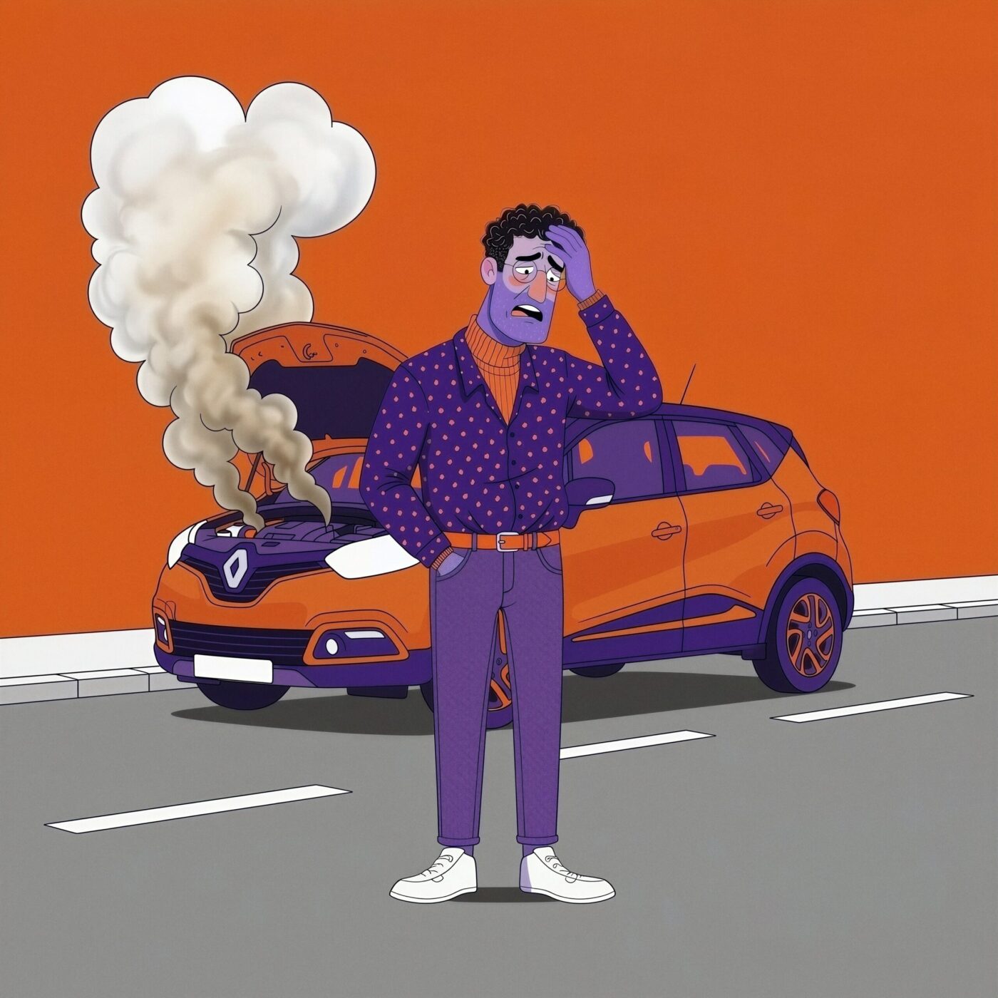 Illustration d'un homme désemparé au bord d'une route devant sa voiture orange au capot ouvert d'où s'échappe de la fumée.