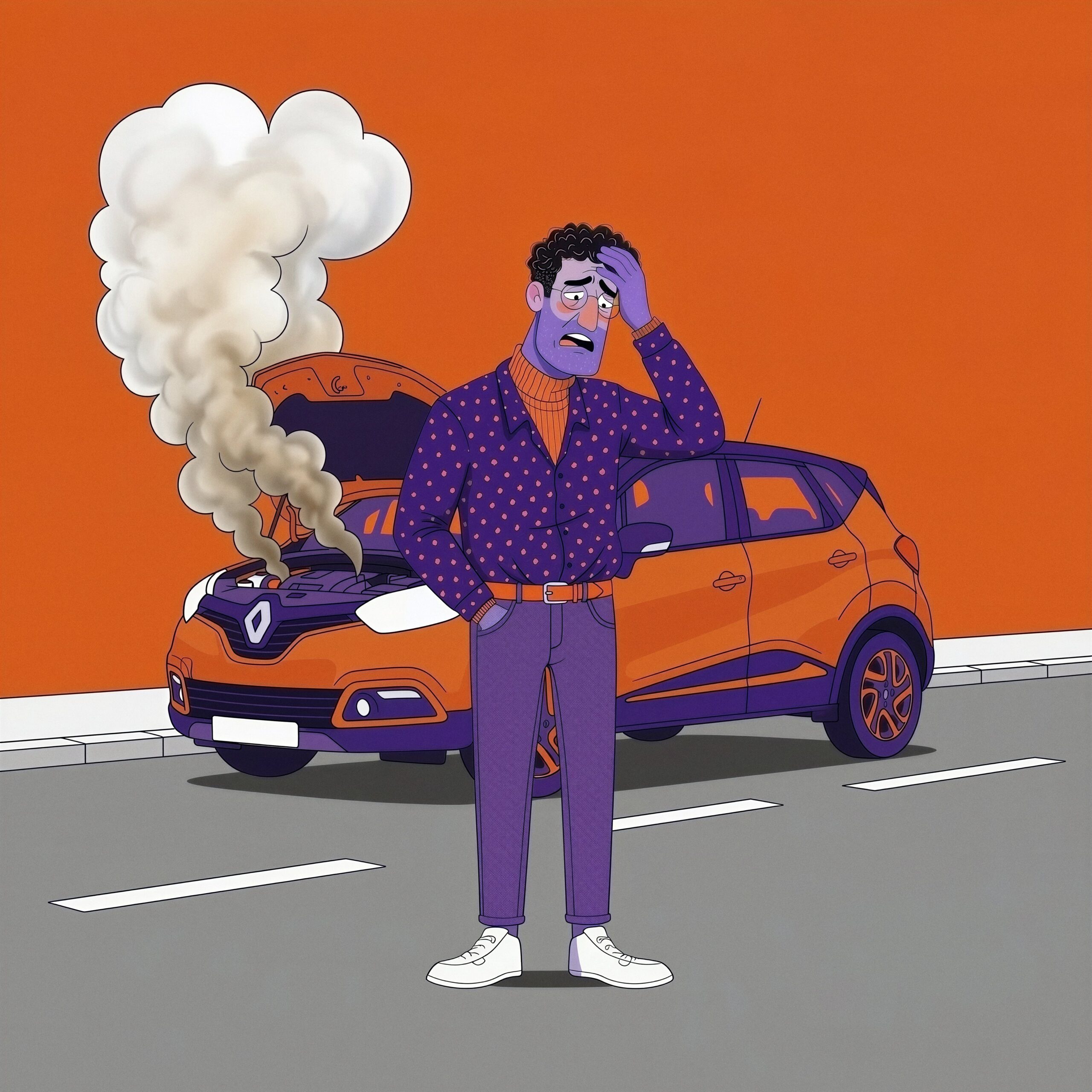 Illustration d'un homme désemparé au bord d'une route devant sa voiture orange au capot ouvert d'où s'échappe de la fumée.