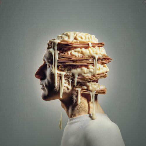 Portrait de profil surréaliste d'un homme dont la tête est constituée d'un mille-feuille fondant.