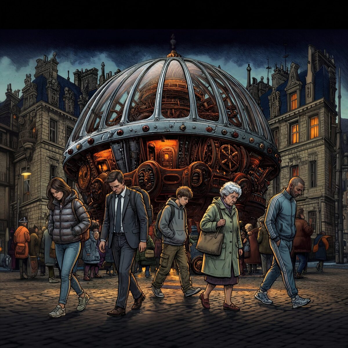 Céleste et des piétons marchent devant une imposante structure métallique steampunk éclairée dans une rue sombre.