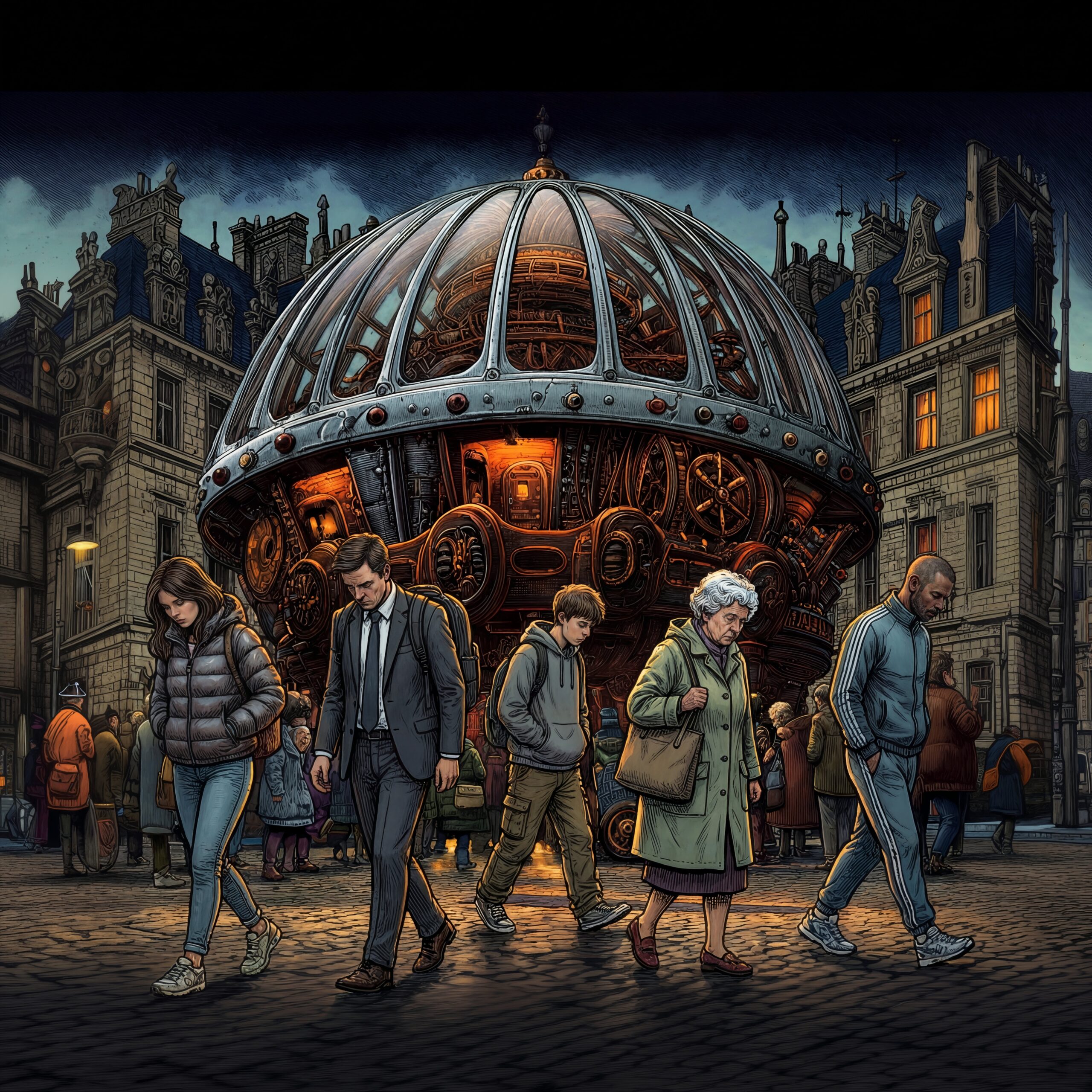 Céleste et des piétons marchent devant une imposante structure métallique steampunk éclairée dans une rue sombre.