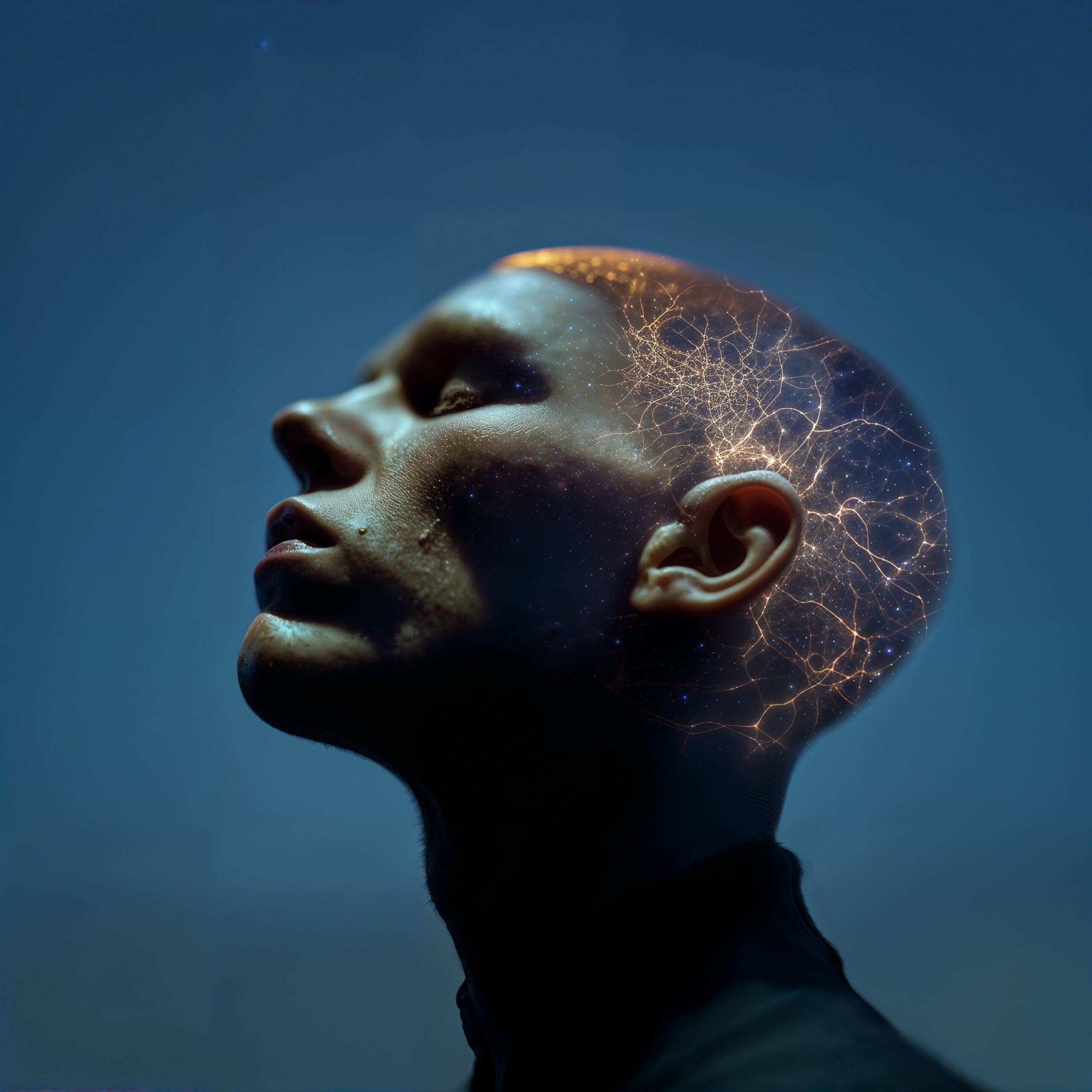 Profil de Céleste levant le visage, la tête traversée par des flux neuronaux lumineux.