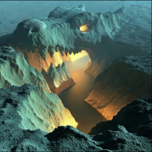 Tête de dragon sculptée dans la roche avec une gueule illuminée menant à une grotte.