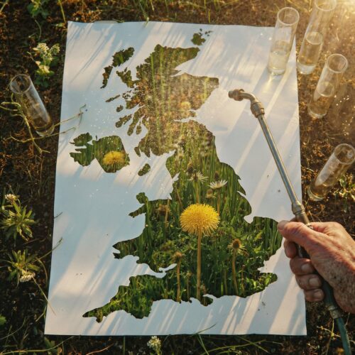 Carte du Royaume-Uni découpée dans de l'herbe et des pissenlits visée par un pulvérisateur de jardin.