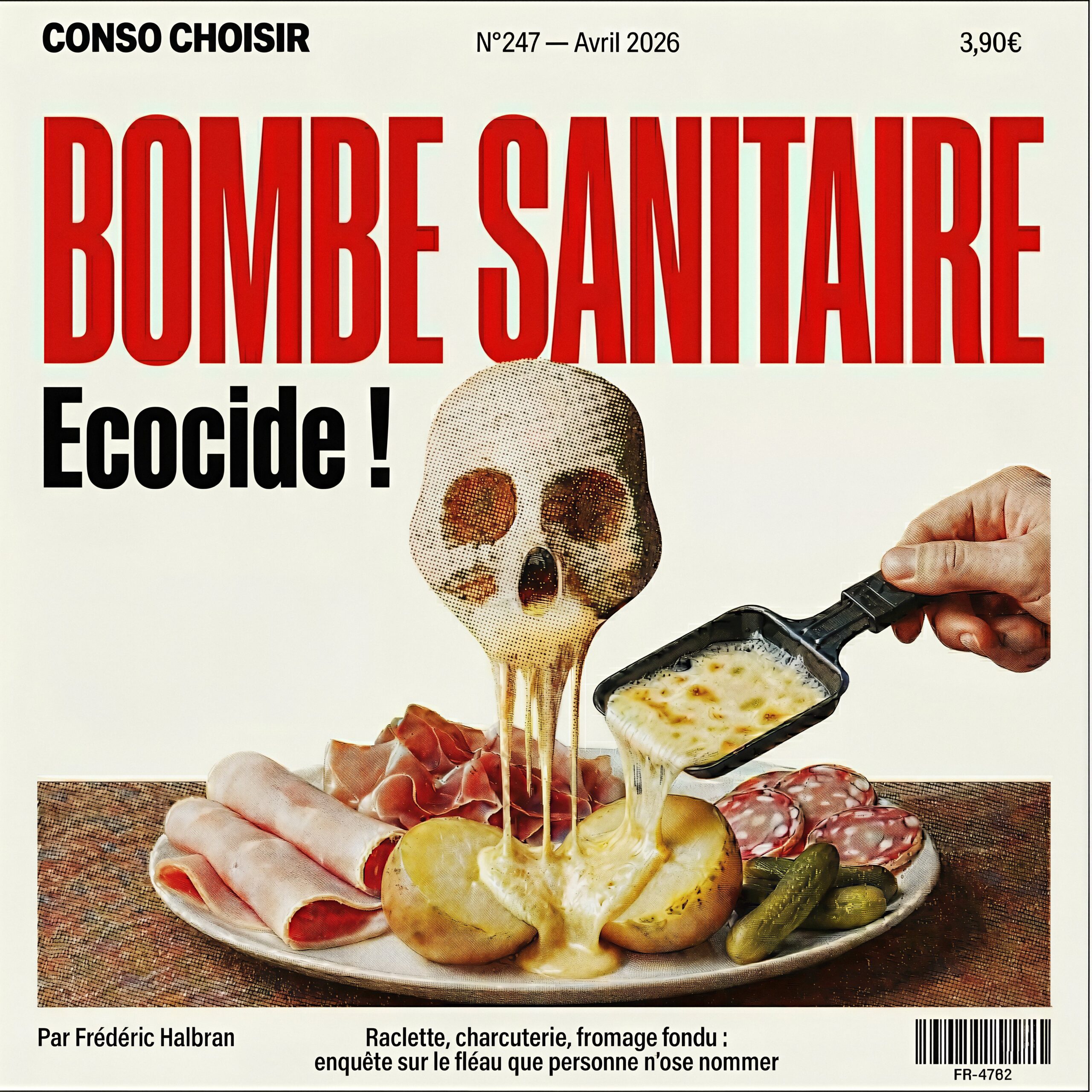 Couverture de magazine titrée Bombe sanitaire avec un crâne laissant couler du fromage fondu sur un plat de raclette.