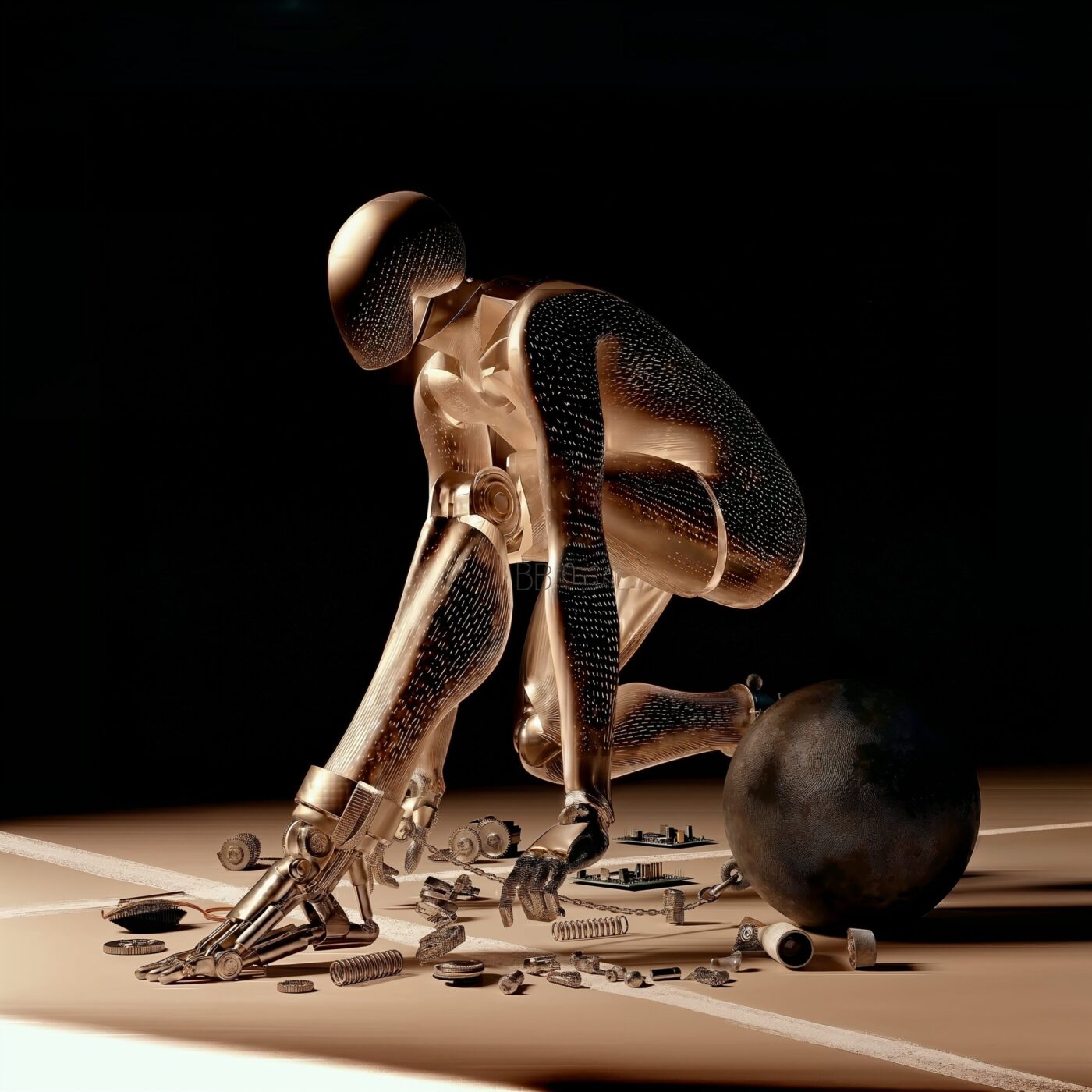 Un robot métallique doré accroupi en position de départ de course sur un fond sombre.