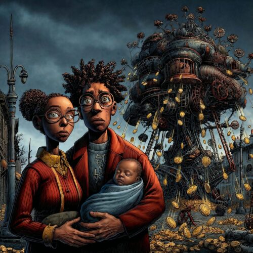 Une famille avec un bébé pose devant une étrange structure mécanique sous un ciel sombre.