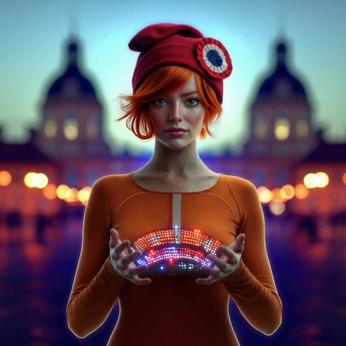 Céleste, une femme rousse avec un bonnet phrygien, tient un appareil lumineux à Paris.