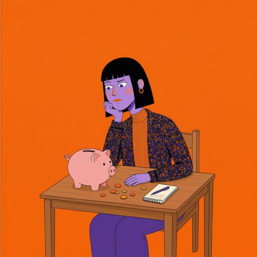 Une femme assise à une table regarde pensativement une tirelire en forme de cochon.