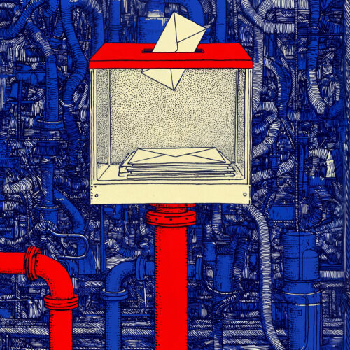 Une urne électorale transparente posée au-dessus d'un réseau complexe de tuyauterie bleue et rouge.
