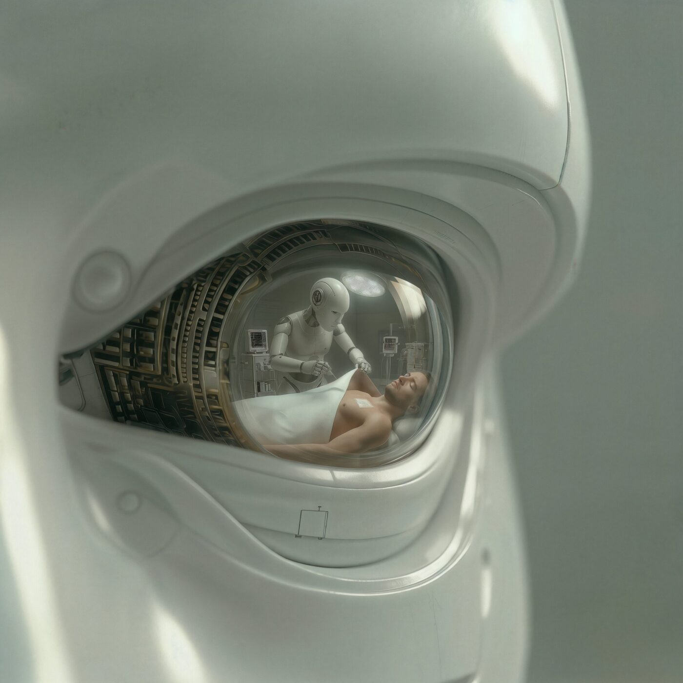 Gros plan sur l'œil bionique d'un robot reflétant un patient et un médecin.