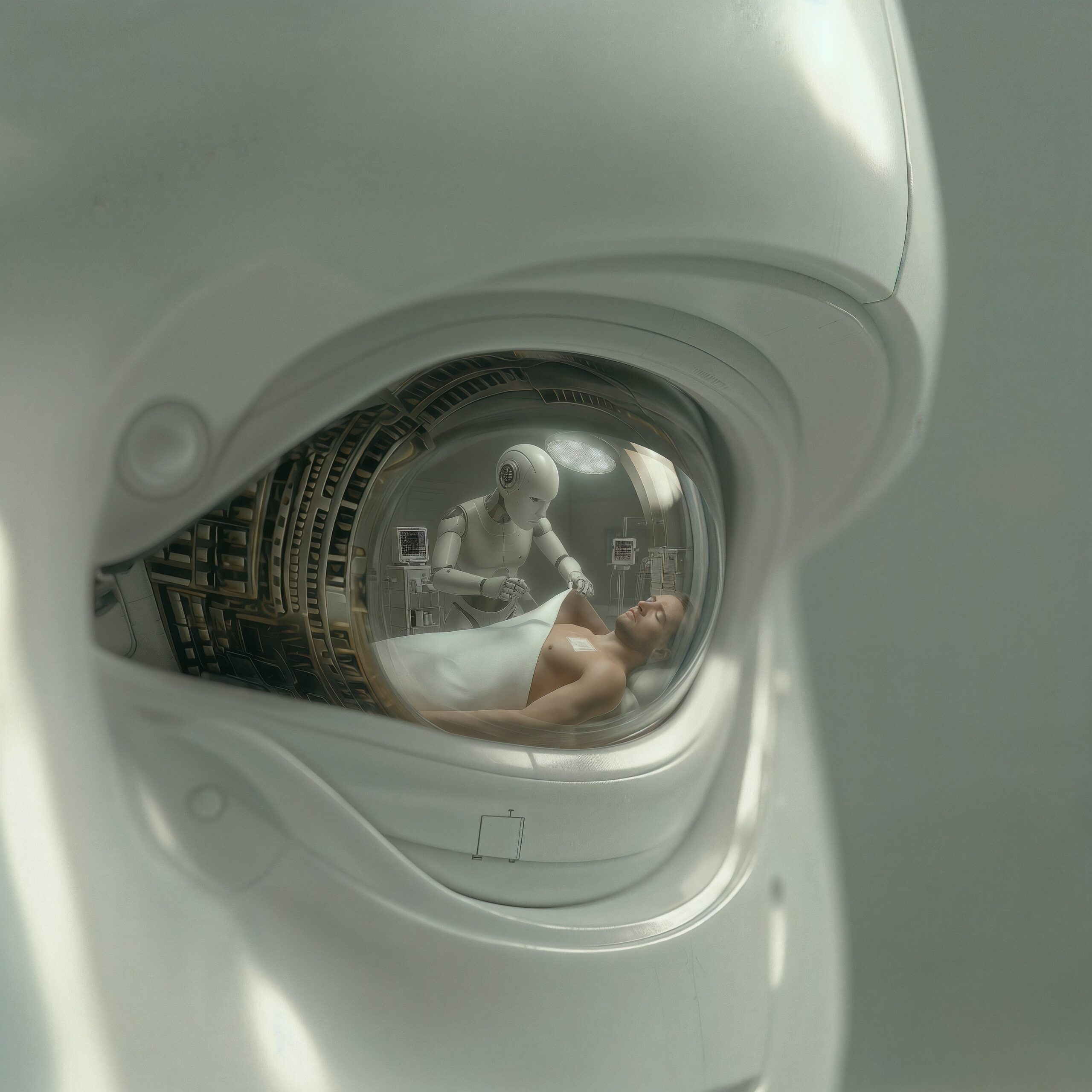 Gros plan sur l'œil bionique d'un robot reflétant un patient et un médecin.
