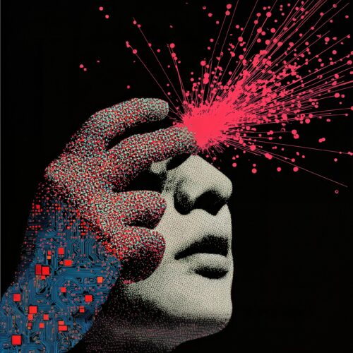 Illustration surréaliste d'une main touchant un visage et déclenchant une explosion de particules roses sur fond noir.